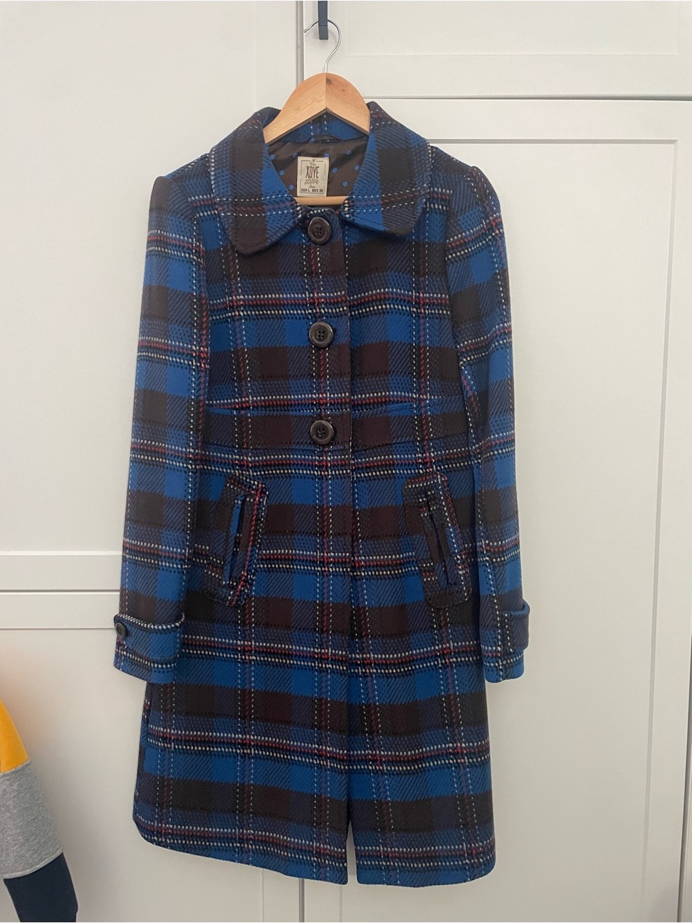 Pull&Bear Blue and Black Plaid Pea Coat